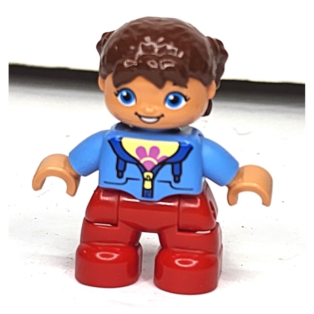 Lego Duplo Figure Kid Girl brown hair Blue Hoodie Red Legs Ponytails 2"